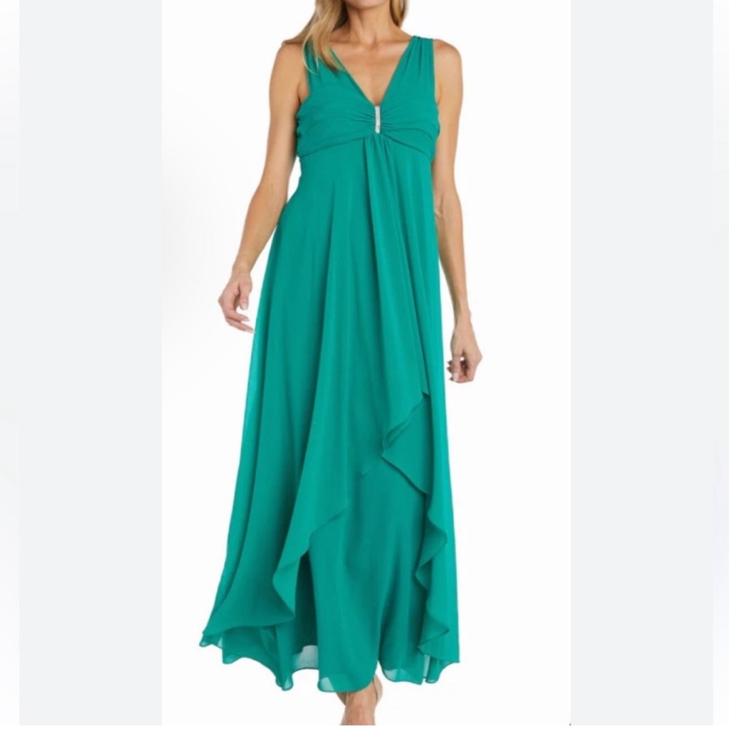 R&M Richards Verde Green Chiffon Gown Sz 12 Nwt Ruffle Front Sleeveless